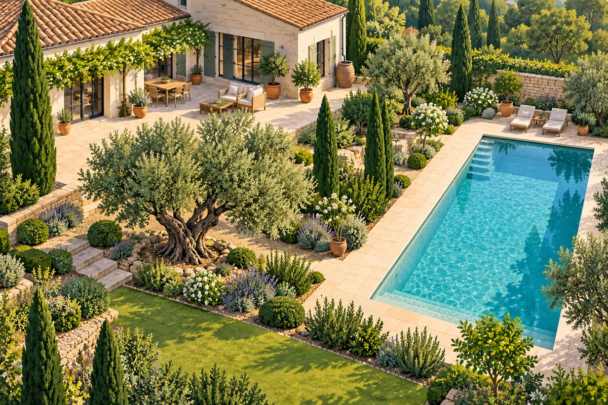 Illustration d’un jardin méditerranéen : villa, terrasse, pots, végétation et piscine